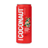 Coconaut Kookosvesi Vesimeloni: punainen, sylinterimäinen tölkki tekstillä "Coconaut young coconut water with watermelon juice" lihavoidulla valkoisella kirjoituksella; pinta on kiiltävä ja siinä kuvitettu kookospähkinähahmo pitelee vesimelonviipaleita; tausta on yksinkertainen, kuva keskittyy vain tuotteeseen, ei ihmisiä tai käsiä näkyvissä.