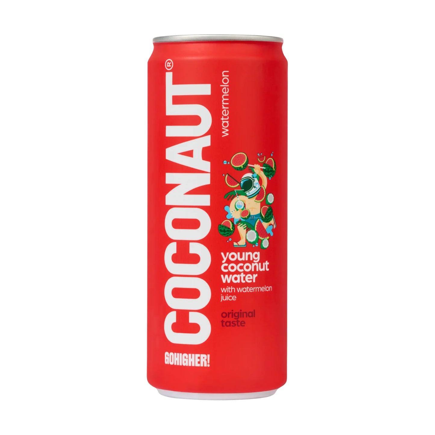 Coconaut Kookosvesi Vesimeloni: punainen, sylinterimäinen tölkki tekstillä "Coconaut young coconut water with watermelon juice" lihavoidulla valkoisella kirjoituksella; pinta on kiiltävä ja siinä kuvitettu kookospähkinähahmo pitelee vesimelonviipaleita; tausta on yksinkertainen, kuva keskittyy vain tuotteeseen, ei ihmisiä tai käsiä näkyvissä.
