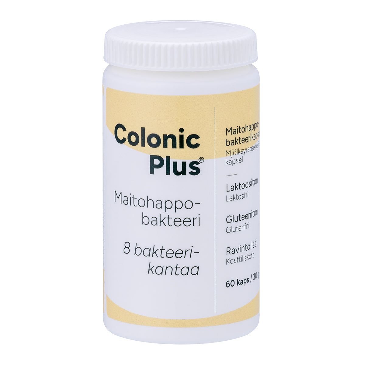 Colonic Plus Maitohappobakteeri; valkoinen pullo keltaisin korostein, sisältää 60 kapselia; muovipullo on sylinterinmuotoinen valkoisella kierrekorkilla; etiketissä yksinkertaista groteskikirjasinta ja lihavoituja korosteita numeroille ja ominaisuuksille; tuotetiedot painettu suomeksi; tausta valkoinen, ei ihmisiä tai muita esineitä näkyvissä; tekstissä korostetaan 8 bakteerikantaa, laktoosittomuutta, gluteenittomuutta ja ravintolisän luonnetta suomeksi, huolella valittujen kantojen sekoituksena.