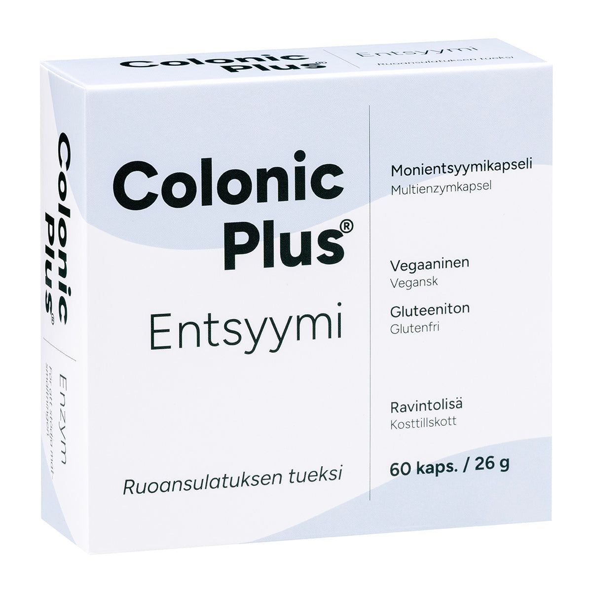 Colonic Plus Entsyymi -pakkaus, 60 kapselia (26 g); valkoinen, suorakulmainen ja mattapintainen rasia; suomenkielinen teksti mainitsee vegaanisuuden ja gluteenittomuuden; sinistä ja mustaa tekstausvapaata typografiaa; kuvattu vaaleaa taustaa vasten, ei ihmisiä tai käsiä näkyvissä.