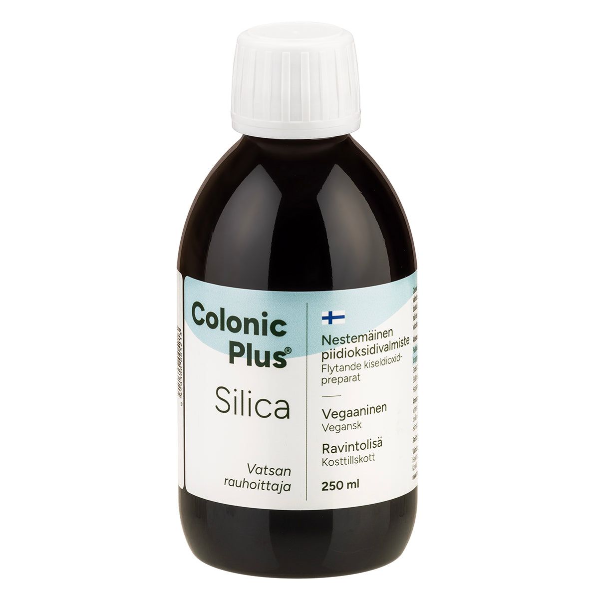 Colonic Plus Silica -pullo; ruskea muovipullo suomen- ja ruotsinkielisin tekstein, valkoinen korkki; pinta kiiltävä; etiketti pääosin valkoinen lihavoidulla mustalla ja vihreällä tekstausvapaalla tekstillä; pyöreä vegaanisymboli näkyvissä; tilavuus 250 ml nestemäistä piitä; ravintolisä mainittu etiketissä; ei ihmisiä tai käsiä näkyvissä, tausta yksinkertainen ja siisti.