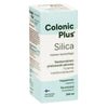 Colonic Plus Silica -pakkaus; valkoinen ja vaaleansininen laatikko, vegaaninen ravintolisä; suorakulmainen mattapintainen laatikko; siistiä tekstausvapaata typografiaa mustalla ja sinisellä; etiketti painettu suomeksi ja ruotsiksi, ilmoittaa 250 ml tilavuuden ja valmistuksen Suomessa; ei ihmisiä tai käsiä näkyvissä; tausta valkoinen; yksittäinen tuotekuva.