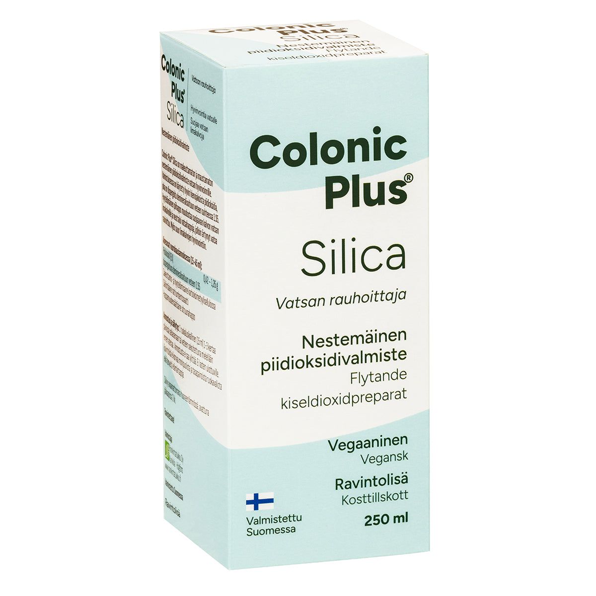 Colonic Plus Silica -pakkaus; valkoinen ja vaaleansininen laatikko, vegaaninen ravintolisä; suorakulmainen mattapintainen laatikko; siistiä tekstausvapaata typografiaa mustalla ja sinisellä; etiketti painettu suomeksi ja ruotsiksi, ilmoittaa 250 ml tilavuuden ja valmistuksen Suomessa; ei ihmisiä tai käsiä näkyvissä; tausta valkoinen; yksittäinen tuotekuva.