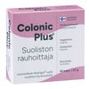 Colonic Plus Suoliston rauhoittaja -pakkaus; vaaleanpunainen ja valkoinen suomalainen vegaaninen ja gluteeniton ravintolisä, sisältää 60 kapselia; suorakulmainen pahvipakkaus mattapinnalla; etusivulla tuotenimi lihavoidulla tekstausvapaalla fontilla, ainesosaluettelo, vegaani- ja gluteenittomuusikonit sekä pieni Suomen lippu; tausta valkoinen; ei ihmisiä tai käsiä näkyvissä.
