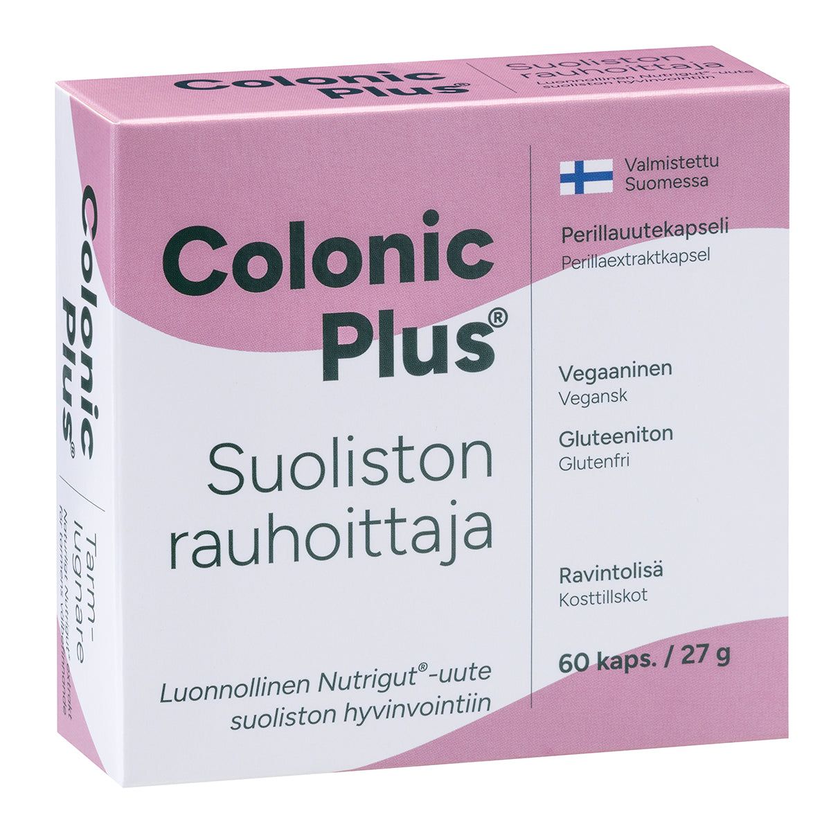Colonic Plus Suoliston rauhoittaja -pakkaus; vaaleanpunainen ja valkoinen suomalainen vegaaninen ja gluteeniton ravintolisä, sisältää 60 kapselia; suorakulmainen pahvipakkaus mattapinnalla; etusivulla tuotenimi lihavoidulla tekstausvapaalla fontilla, ainesosaluettelo, vegaani- ja gluteenittomuusikonit sekä pieni Suomen lippu; tausta valkoinen; ei ihmisiä tai käsiä näkyvissä.
