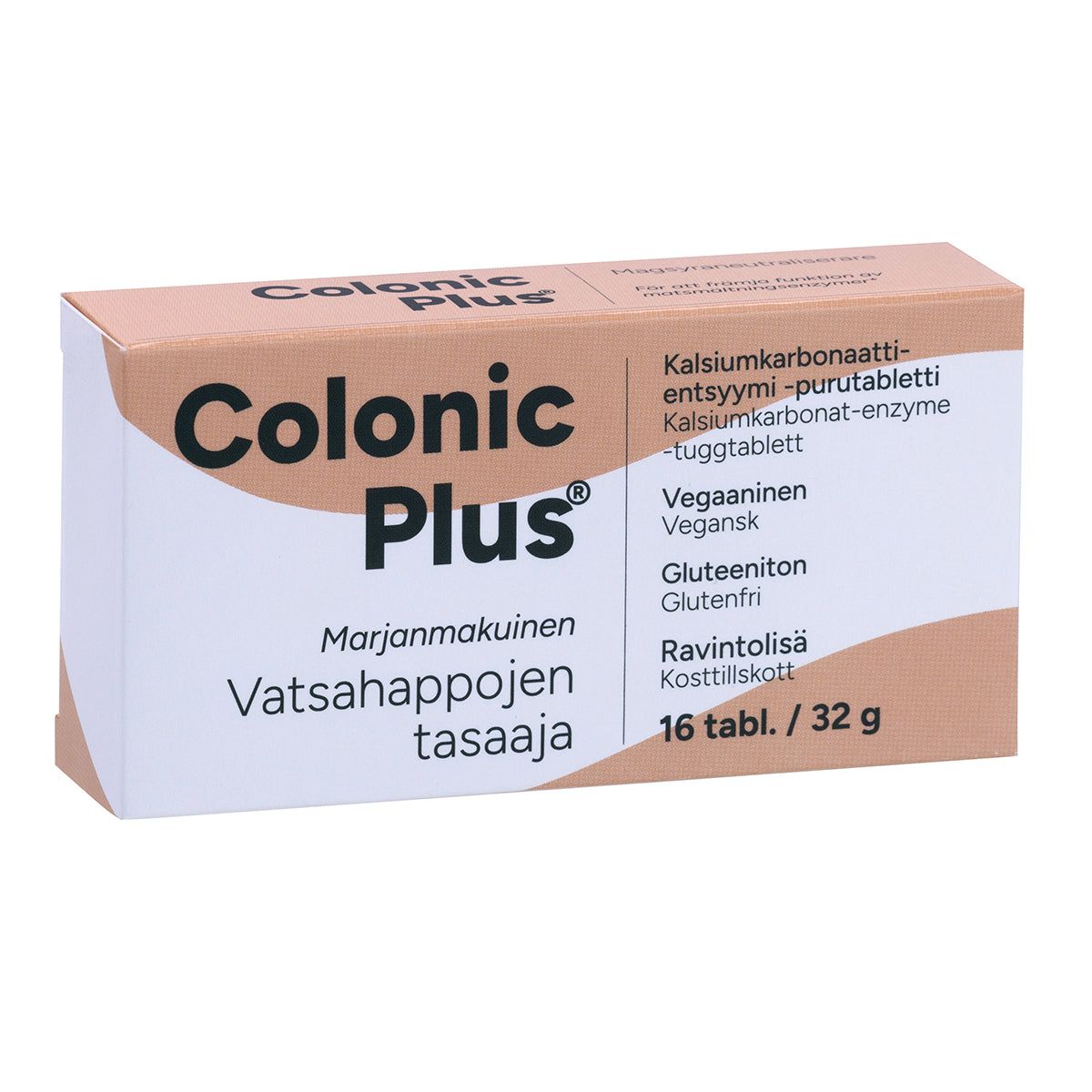 Colonic Plus Vatsahappojen tasaaja -pakkaus; suomenkielinen, marjanmakuinen tablettipakkaus, sisältää 16 tablettia; pakkaus korostaa vegaanisuutta ja gluteenittomuutta; suorakulmainen pahvilaatikko kiiltävällä pinnalla, pääosin valkoinen vaaleanpunaisin ja sinisin korostuksin; tablettimäärä merkitty alakulmaan; tekstausvapaata fonttia tuotenimessä ja tiedoissa; tuote kuvattu valkoisella taustalla, ei ihmisiä tai käsiä näkyvissä.