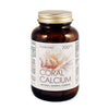 Coral Calcium 700 mg -ravintolisäpurkki ruskeasta lasista, kultainen korkki, koralliaiheinen etiketti