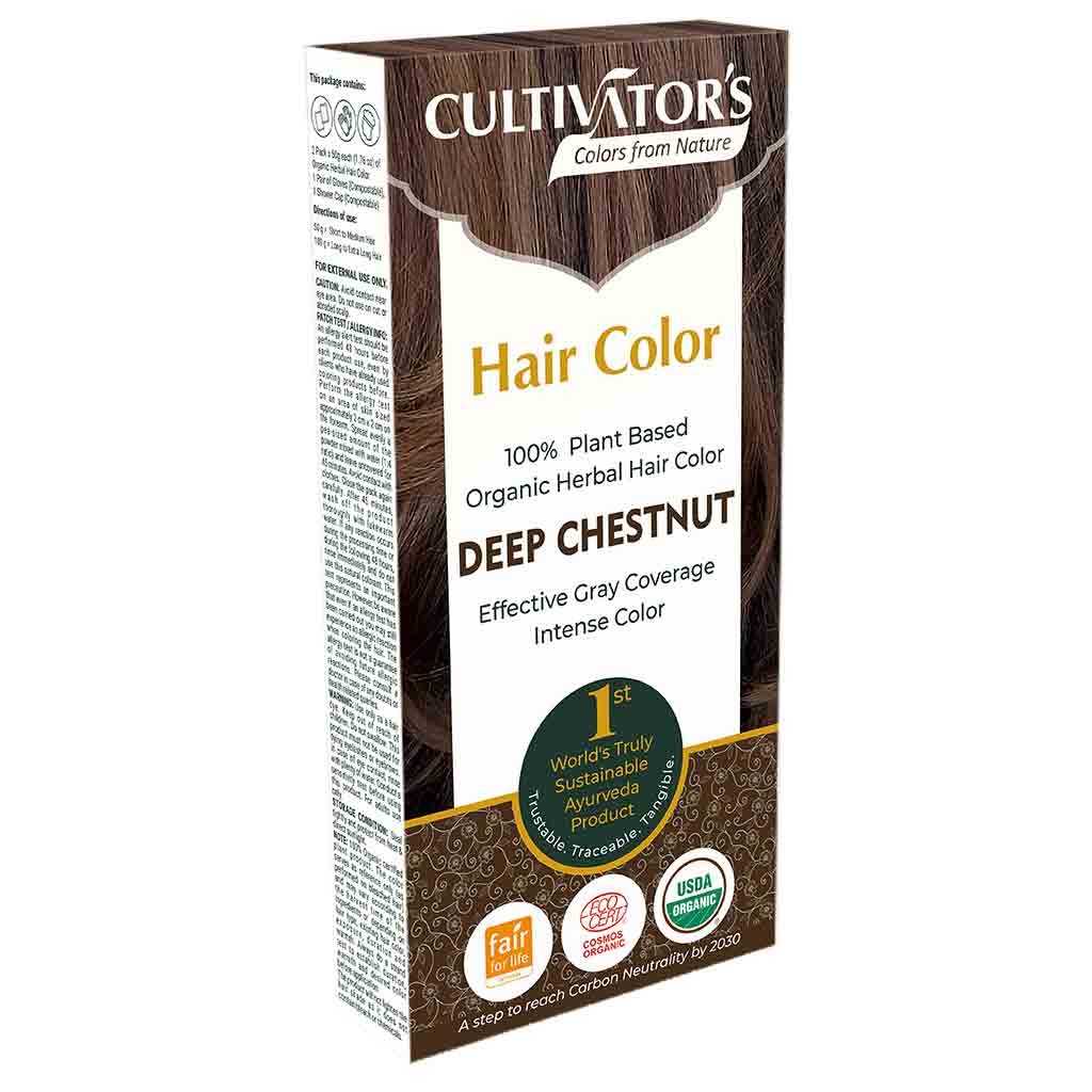 Cultivators Kasvihiusväri Deep Chestnut -pakkaus; suorakulmainen ja mattapintainen rasia, pääväri ruskea vihrein kasviaiheisin korostuksin; etiketissä teksti "100% plant-based and organic" sekä Fair for Life- ja USDA Organic -sertifiointimerkit; yksinkertaista tekstausvapaata kirjasinta; lähikuva tuotteesta yksiväristä taustaa vasten, ei ihmisiä tai käsiä näkyvissä.