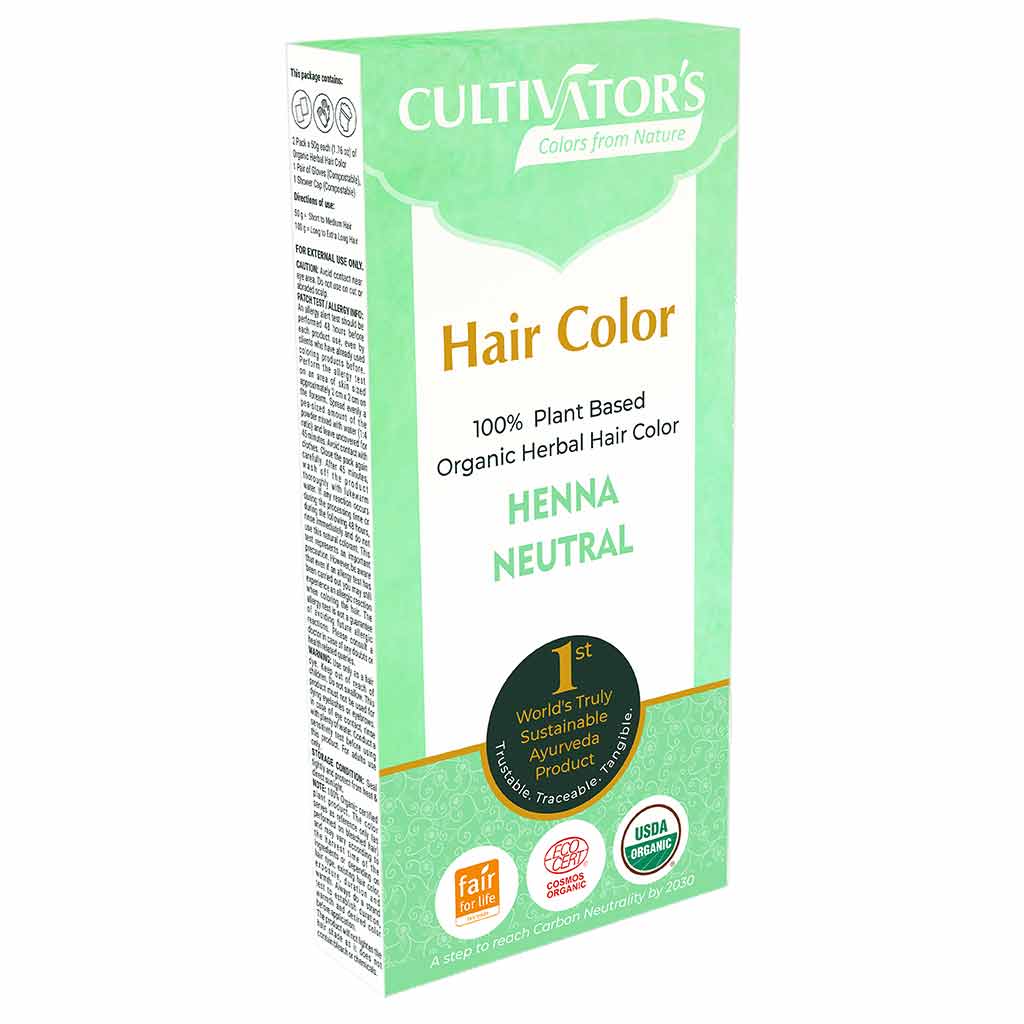 Cultivators Kasvihiusväri Henna Neutral -pakkaus; suorakulmainen, mattapintainen rasia vihreän ja valkoisen sävyissä; etiketissä useita sertifiointimerkkejä, kuten USDA Organic ja Fair for Life; lihavoitua tekstausvapaata tekstiä suur- ja pienaakkosin; kuvattu silmän korkeudelta valkoista taustaa vasten, ei ihmisiä tai käsiä näkyvissä.