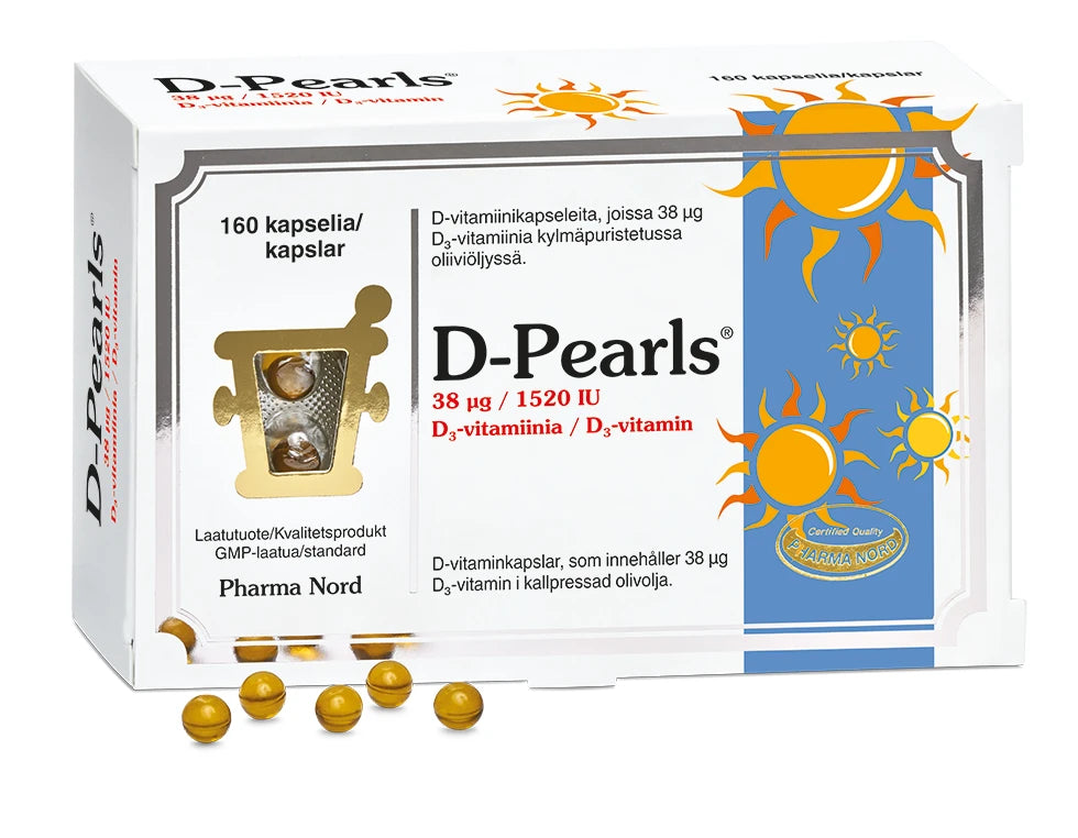 D-Pearls 38 mikrog -pakkaus, valkoinen kiiltävä rasia keltaisilla ja sinisillä yksityiskohdilla; kultaisia pehmytkapseleita aseteltuna rasian viereen, aurinkokuvitus