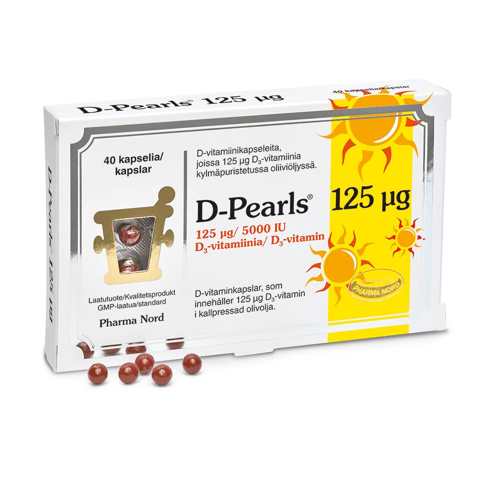 D-Pearls 125 mikrog -pakkaus, Pharma Nordin D3-vitamiinikapselit (125 µg, 40 kapselia), etiketissä aurinkokuvitus ja muutamia geelikapseleita esillä laatikon edessä; laatikko suorakulmainen mattapinnalla, lihavoitua tekstausvapaata typografiaa; pakkaus pääosin valkoinen kultaisin ja keltaisin suunnitteluelementein; useita soikeita läpikuultavia kultaisia geelikapseleita aseteltu laatikon eteen valkoiselle taustalle; ei ihmisiä tai käsiä näkyvissä.