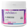 puhdas+ D-Riboosi -purkki, valkoinen mattamuovi, violetti-vaaleanpunainen-sininen abstrakti etiketti; 100 % vegaaninen, 200 g, lihavoitu groteskiteksti brändinimelle