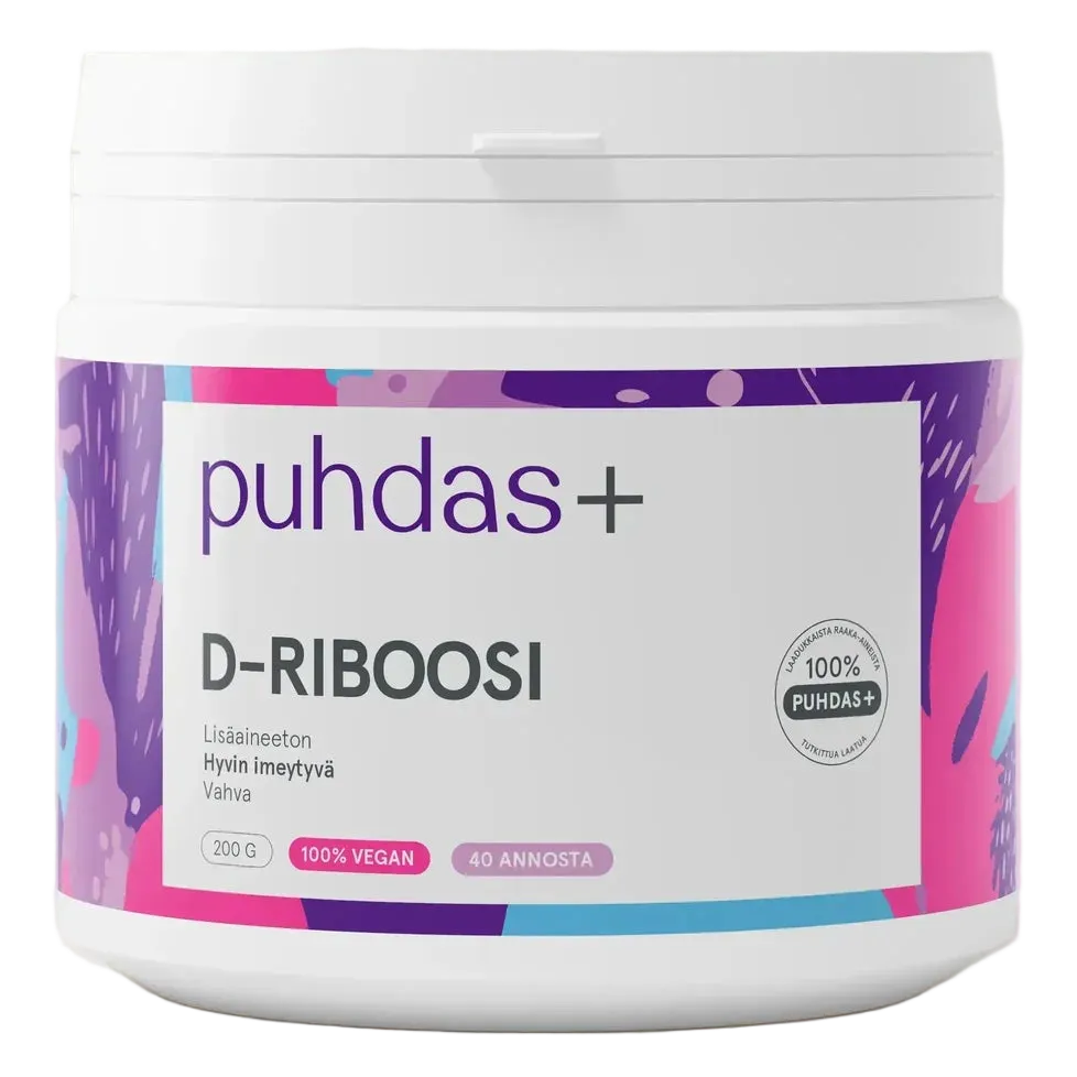 puhdas+ D-Riboosi -purkki, valkoinen mattamuovi, violetti-vaaleanpunainen-sininen abstrakti etiketti; 100 % vegaaninen, 200 g, lihavoitu groteskiteksti brändinimelle