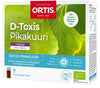 A box of Ortis D-Toxis Pikakuuri, a 7-day raspberry-flavored detox supplement, featuring leaf imagery and icons for vegan and plant-based suitability. The cardboard box is rectangular with a matte finish, predominantly white and pink, with green accents. Bold sans-serif typography is used for the product name. Text highlights support for kidney function and plant-based benefits. No hands or people visible; plain background; front-facing product shot.