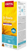 Front of a box of Ortis D-Toxis Tehokuuri, a Finnish detox product. Rectangular cardboard box, matte finish with dominant white and green colors. Bold sans-serif type for product name; other text in clear, smaller font. Includes graphics of plants. Legible Finnish language label shows branding, ingredient info, instructions, health details. Neutral studio background; no people or hands visible.