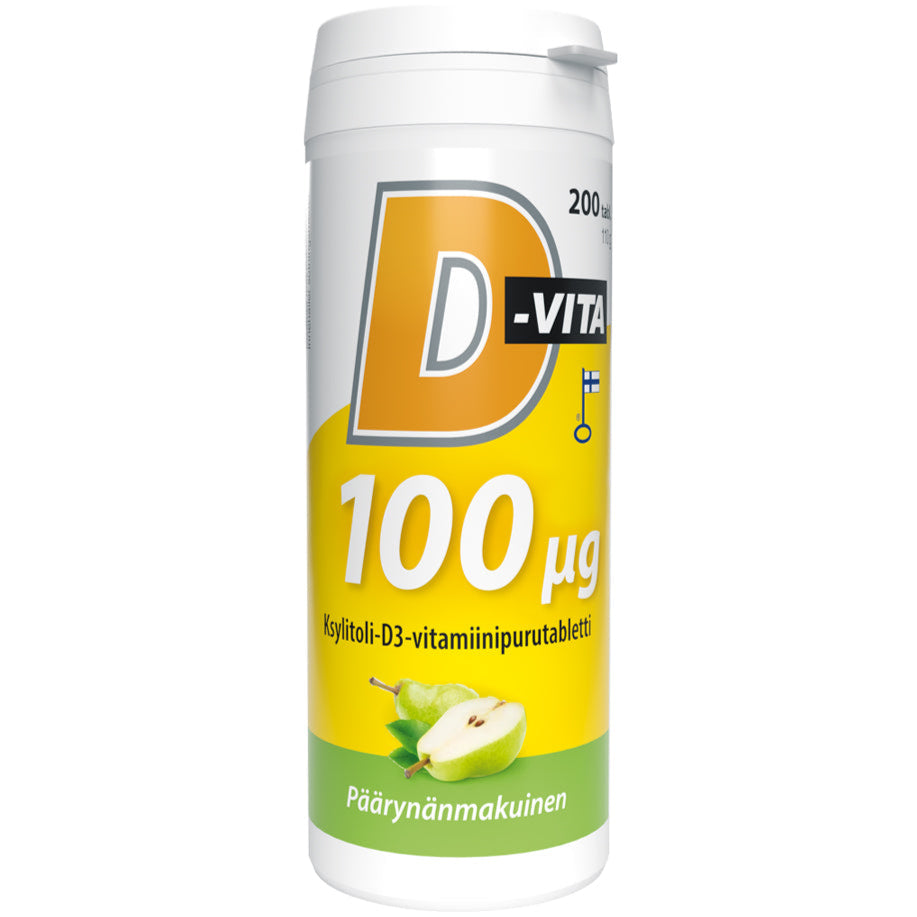 D-Vita 100 µg Päärynä; valkoinen ja keltainen astia D-Vita D3-vitamiinitabletteja, kuvassa vihreä päärynä ja suomenkielistä tekstiä etiketissä; astia on sylinterinmuotoinen mattapinnalla ja keltaisella korkilla; etikettiteksti painettu selkeästi ja lihavasti; tausta valkoinen, ei ihmisiä tai käsiä näkyvissä, kuva näyttää tuotteen edestä.