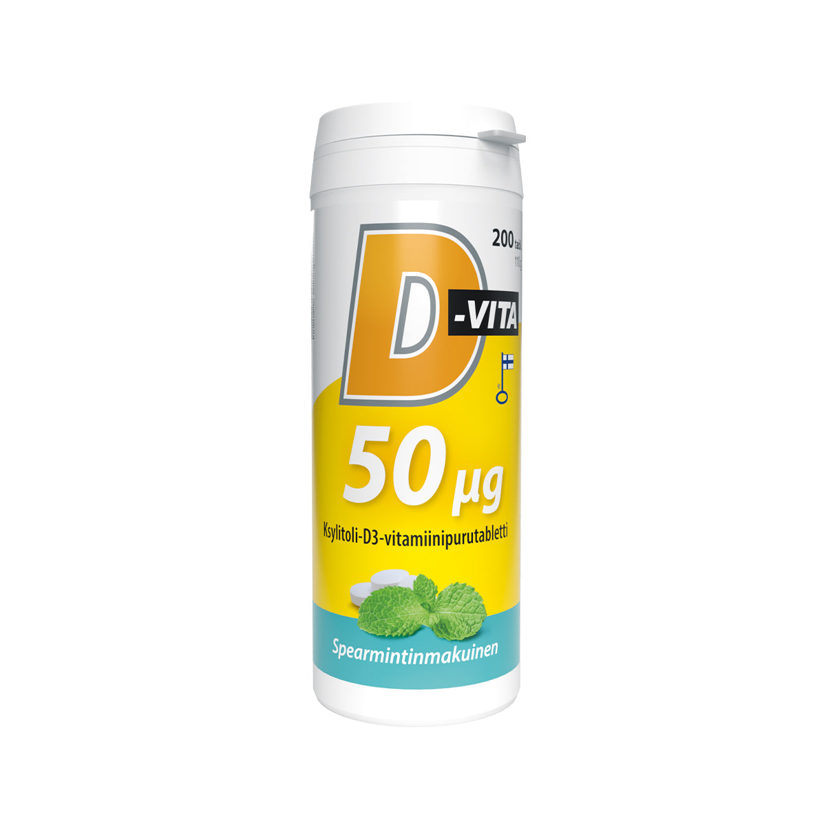 D-Vita 50 µg Spearmint; valkoinen ja keltainen muoviastia D-Vita 50 µg D3-vitamiinipurutabletteja piparminttumaussa on esillä pystyssä vaaleaa, yksivärista taustaa vasten; muoto on sylinterinmuotoinen kierrekannella; etiketissä suomenkielistä tekstiä, kuvia mintunlehdistä ja groteskityyppiä eri kokoja; pakkauksen pinta on mattapintainen.