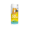 D-Vita 50 µg Spearmint; valkoinen ja keltainen muoviastia D-Vita 50 µg D3-vitamiinipurutabletteja piparminttumaussa on esillä pystyssä vaaleaa, yksivärista taustaa vasten; muoto on sylinterinmuotoinen kierrekannella; etiketissä suomenkielistä tekstiä, kuvia mintunlehdistä ja groteskityyppiä eri kokoja; pakkauksen pinta on mattapintainen.