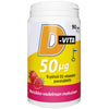 A white plastic cylindrical container of D-Vita chewable tablets with a screw-top lid is shown. The matte label is yellow and pink, with printed images of strawberries and raspberries. Key text such as product name, flavor (strawberry-raspberry), 50 µg strength, and 90 tablets is clearly visible in bold sans-serif font. The background is plain white. No people or hands are present in the image. A white container of D-Vita chewable tablets with strawberry-raspberry flavor, containing 50 µg strength and 90