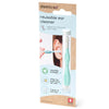 Packaging for a demicso reusable ear cleaner, featuring the product and clear illustrations. Claims include being reusable, eco-friendly, not pushing back ear wax, and offering two sizes of soft tips. The Swiss cross logo is displayed at the bottom. White rectangular packaging with product photo shows a slim tool with two silicon tips; blue and green color accents are present. Matte finish box displays sans-serif font; plain white background; no people or hands visible.