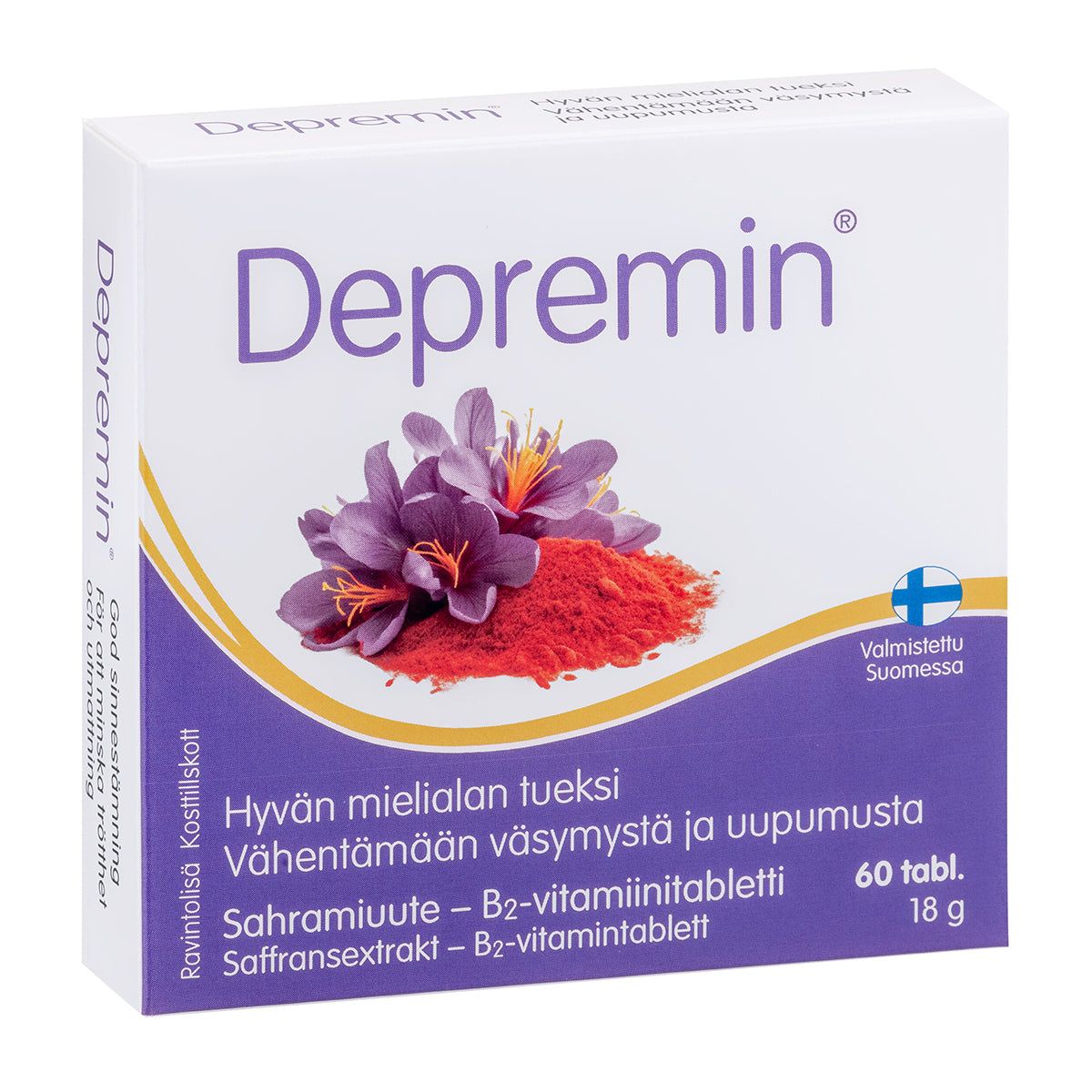 Depremin-ravintolisäpakkaus, kuva sahraminkukista ja jauheesta; suorakulmainen laatikko valkoisella mattataustalla ja violetein korostuksin; suomenkielinen teksti modernilla tekstausvapaalla fontilla kuvaa tuotteen sahramin ja B2-vitamiinin sisältäväksi tabletiksi; ei ihmisiä tai käsiä näkyvissä; ympäristö yksinkertainen ja neutraali.