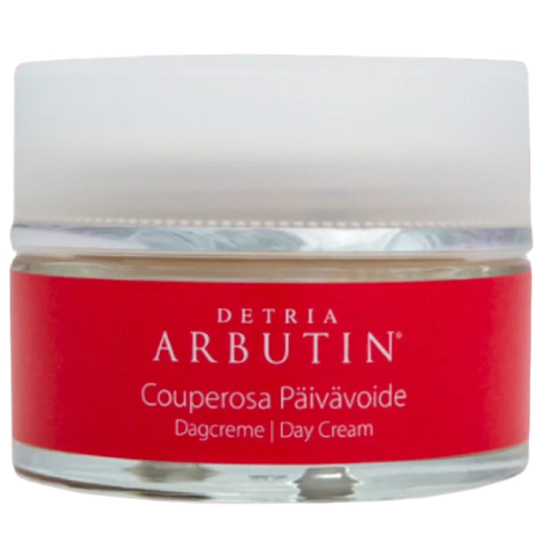 Detria Arbutin Lahjapakkaus Päivävoide & Silmänympärysgeeli; lasipurkki Detrian Arbutin Couperosa Day Cream -voidetta punaisella etiketillä ja valkoisella kannella, tarkoitettu herkän ihon kohdennettuun hoitoon, kuvattu valkoisella taustalla; purkki lieriömäinen ja läpinäkyvä pyöristetyin reunoin ja kiiltäväpintainen; punaisessa etiketissä valkoista groteskityyppografiaa, brändi ja tuotenimi selkeästi painettuna; ei ihmisiä tai muita esineitä näkyvissä.
