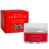 Detria Arbutin Lahjapakkaus Päivävoide & Silmänympärysgeeli; punainen suorakaiteen muotoinen rasia ja yhteensopiva lieriömäinen purkki tekstillä ”Detrian Arbutin Couperosa Day Cream”; pakkauksissa mattapinta ja kuvia erilaisista marjoista; typografia lihavoitua ja groteskia valkoisena ja kultaisena; merkinnät suomeksi ja englanniksi mainiten arbutiinin; tausta vaalea, ei ihmisiä tai käsiä; kyseessä ihonhoitovoidepakkaussarja.