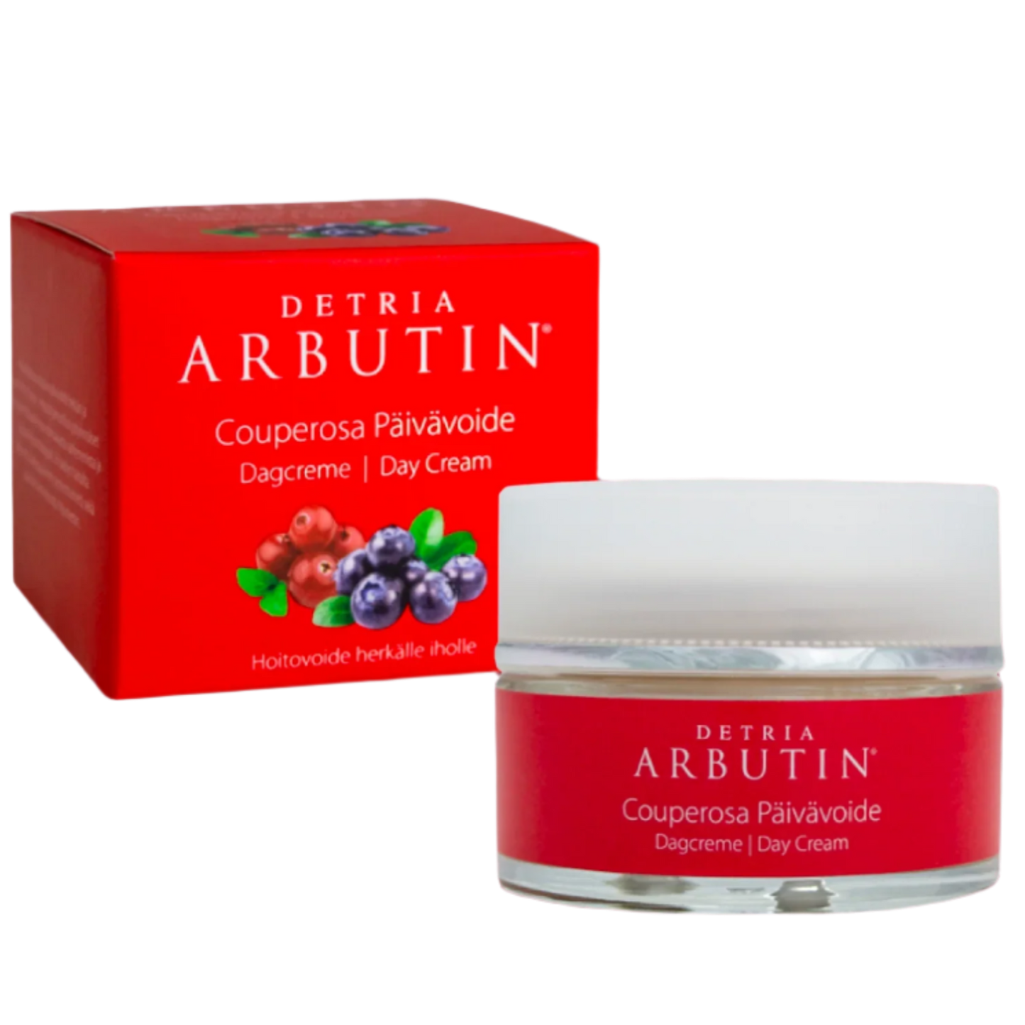 Detria Arbutin Lahjapakkaus Päivävoide & Silmänympärysgeeli; punainen suorakaiteen muotoinen rasia ja yhteensopiva lieriömäinen purkki tekstillä ”Detrian Arbutin Couperosa Day Cream”; pakkauksissa mattapinta ja kuvia erilaisista marjoista; typografia lihavoitua ja groteskia valkoisena ja kultaisena; merkinnät suomeksi ja englanniksi mainiten arbutiinin; tausta vaalea, ei ihmisiä tai käsiä; kyseessä ihonhoitovoidepakkaussarja.
