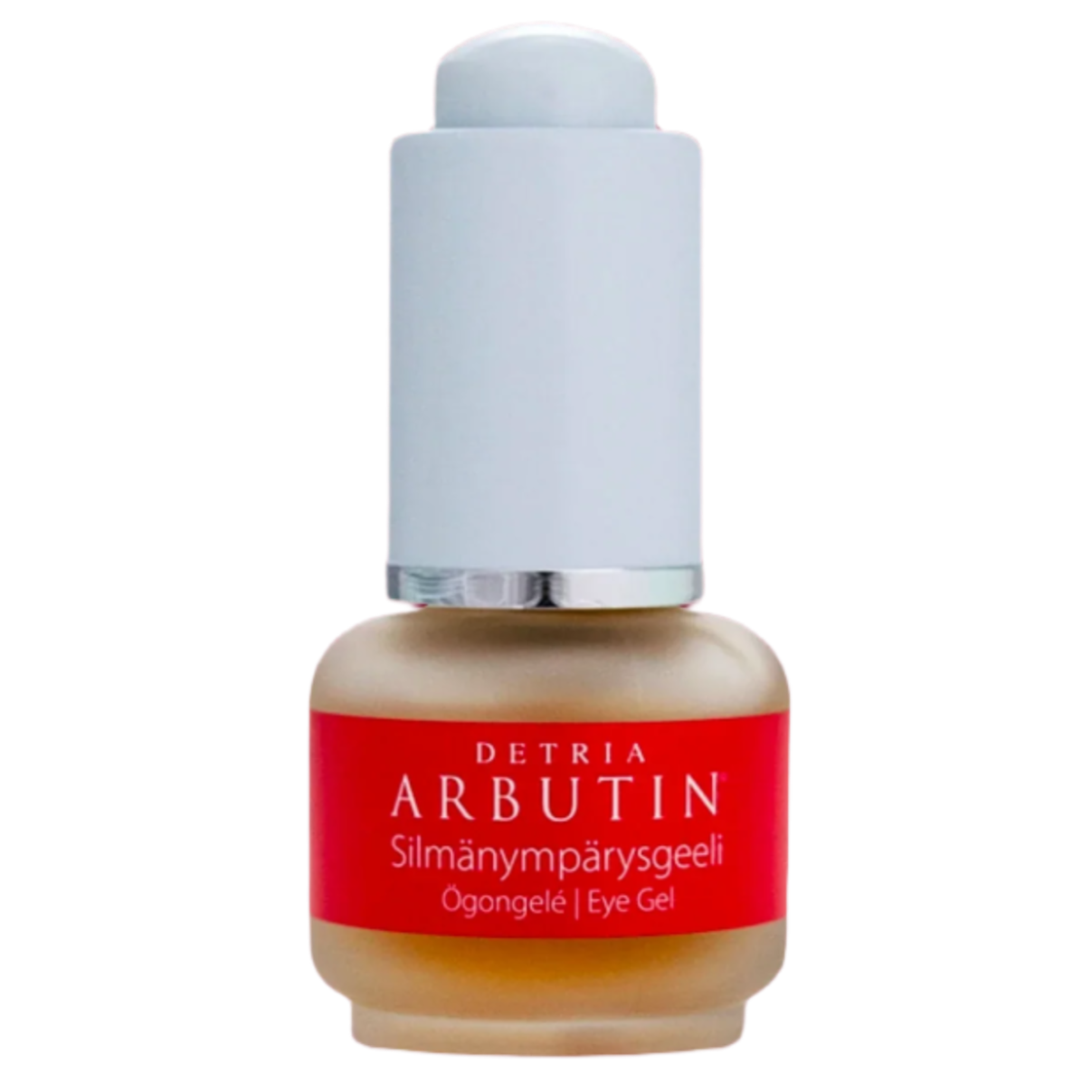 Detria Arbutin Lahjapakkaus Päivävoide & Silmänympärysgeeli; pieni pullo Detria Arbutin Eye Gel -tuotetta punaisella etiketillä ja valkoisella tippakorkilla, etiketissä korostettu arbutiini suomeksi ja ruotsiksi; lieriömäinen kirkas lasi kiiltäväpinnalla; yksinkertaista valkoista groteskitekstiä pääetiketissä; ei muita esineitä, ihmisiä tai käsiä näkyvissä; tausta tasainen ja tasaisesti valaistu, todennäköisesti studioympäristö; pullo kuvan keskellä silmien tasolta.