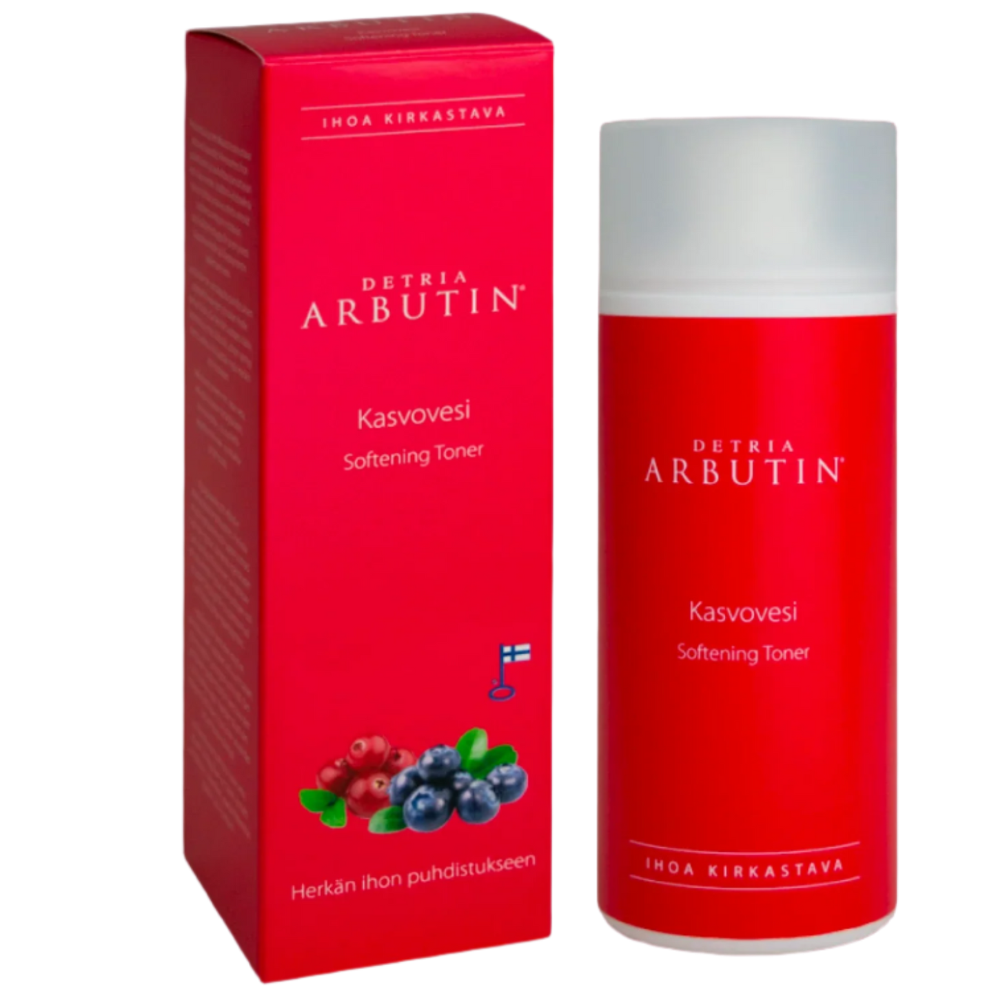 Detria Arbutin Kasvovesi; punainen Detria Arbutin Kasvovesi Softening Toner -pullo sekä vastaava pakkaus, joissa painettuja kuvia marjoista ja pieni Suomen lipun symboli; molemmat kiiltäväpintaisia; etikettiteksti groteskifontilla; tuotteet pystyssä vaalealla, kevyellä taustalla, ei ihmisiä tai muita esineitä eikä toimintaa.