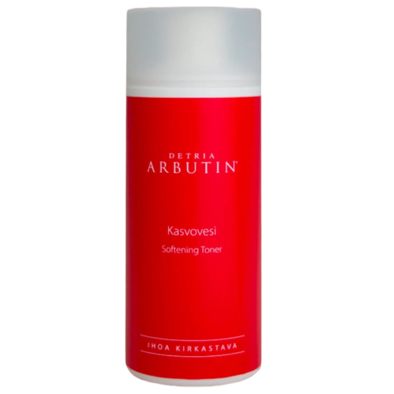 Detria Arbutin Kasvovesi; lieriömäinen punainen pullo hopeanvärisellä korkilla, mattapintainen; etuosan valkoisessa groteskitekstissä lukee "Detria Arbutin" ja "Kasvovesi Softening Toner", alaosassa lisätekstiä suomeksi; ei ihmisiä tai käsiä; tausta vaalea ja huomiota herättämätön.