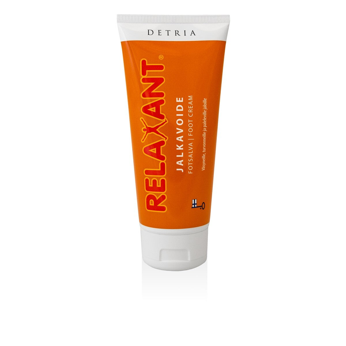 Detria Relaxant Jalkavoide; oranssi tuubi seisoo pystyssä, etuosassa tuotenimi ja tiedot valkoisella ja punaisella; tuubi on muovia sileällä pinnalla, sylinterinmuotoinen, korkillinen alaosa; teksti groteskikirjasimin; tausta vaalea ja yksivärinen; ei ihmisiä tai muita esineitä näkyvissä, kuva keskitetty lähikuva tuotteesta.