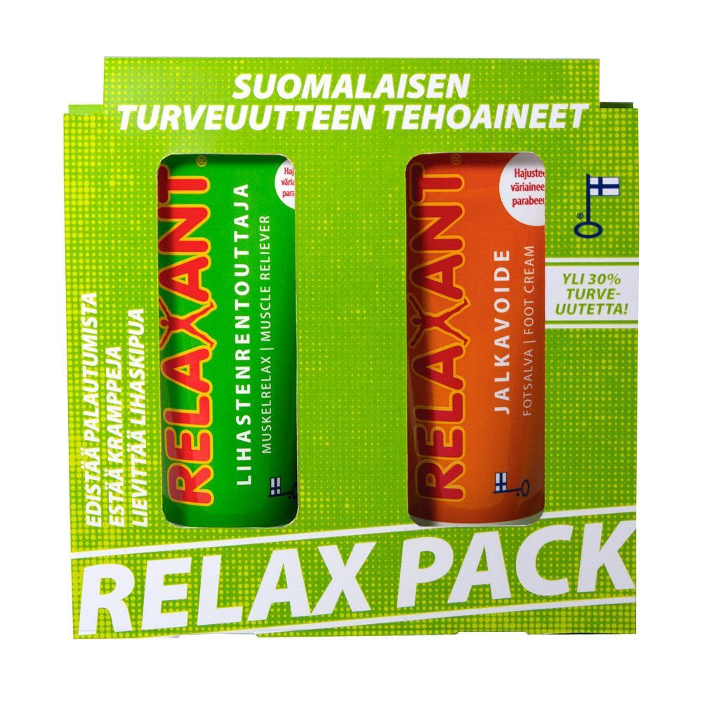 Detria Relaxant Lahjapakkaus; kaksi Relaxant-tuotetta mattapintaisissa tuubeissa, toinen vihreä ja toinen oranssi, esillä suorakaiteen muotoisessa vihreä-valkoisessa pahvipakkauksessa tekstillä RELAX PACK suurin lihavoiduin groteskikirjaimin; suomenkielinen teksti laatikossa mainitsee lihaksia rentouttavan tuotteen ja jalkavoiteen; studiokuva neutraalilla taustalla, ei ihmisiä tai muita esineitä.