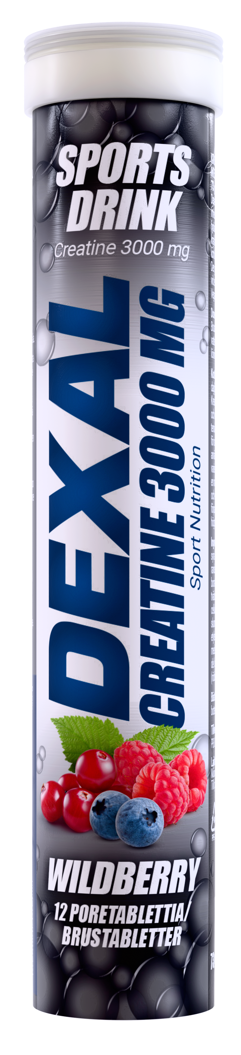 Dexal Kreatiini Poretabletti 3000 mg; tuubi Dexal Sports Drink Creatine 3000 mg -tuotetta metsämarjan maussa, etiketissä vadelmia ja mustikoita, tekstissä mainitaan 12 kannettavaa kreatiinitablettia; tuubi on sylinterinmuotoinen kiiltäväpinnalla, pääväreinä sininen ja violetti; tuotenimessä lihava groteskikirjasin; tausta valkoinen, ei ihmisiä tai käsiä näkyvissä.