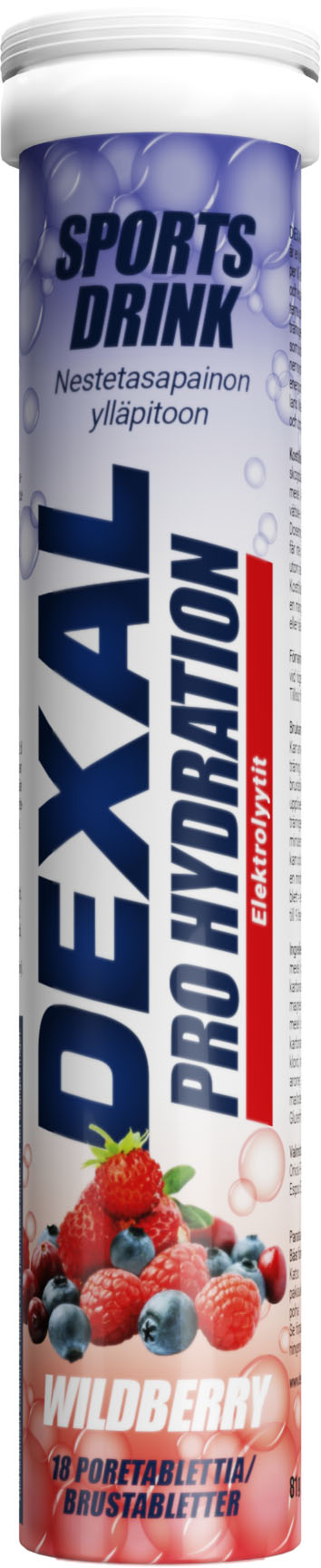 Dexal Pro Hydration Metsämarja; tuubi urheilujuomatabletteja, metsämarjamakua, kuvissa erilaisia marjoja ja suomenkielistä tekstiä, joka korostaa elektrolyyttitukea; tuubi on sylinterinmuotoinen muovipinnalla puolikiiltävänä, pääväri violetti; korkki on valkoinen; lihavoitu groteskitypografia esittää päätuotenimen; kuva on valkoisella taustalla ilman ihmisiä tai toimintaa.