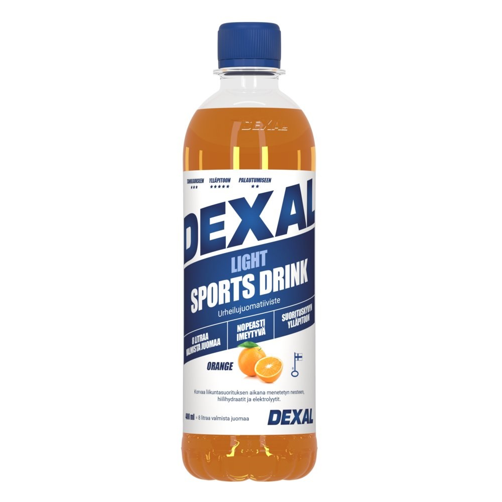 Dexal Light Sports Drink Urheilujuomatiiviste; muovipullo Dexal Light Sports Drink -urheilujuomatiivistettä appelsiinin maussa, suomenkielinen etiketti; pullon sisällä oranssia nestettä, sininen korkki; etiketissä groteskityyppografiaa sinisenä ja valkoisena; pullo lieriömäinen kevyin uurtein ja kiiltäväpintainen; tausta tasainen; ei ihmisiä tai käsiä näkyvissä; virkistävä urheilujuoma sopii nesteytykseen fyysisen aktiivisuuden aikana.