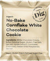 A beige snack wrapper with a matte finish is shown, labeled “Organic No-Bake Cornflake White Chocolate Cookie.” The wrapper displays ingredient and dietary information in clear, sans-serif fonts, listing vegan, gluten-free, and refined sugar-free. The package is rectangular, no people or backgrounds are visible. A beige snack wrapper labeled Organic No-Bake Cornflake White Chocolate Cookie features ingredient and diet information, highlighting its vegan, gluten-free, and refined sugar-free qualities.