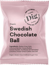 Pink matte-finished packet with rounded corners labeled “Swedish Chocolate Ball” and listing organic, vegan, gluten-free, refined sugar-free. Package shows ingredients: oats, coconut (whole and shredded), cacao powder, sunflower oil, coffee beans or grounds, and sea salt crystals. Sans-serif typography; no people or hands present. Plain background. A pink packet labeled Swedish Chocolate Ball highlights its organic, vegan, gluten-free, and refined sugar-free qualities. Visible ingredients include oats,