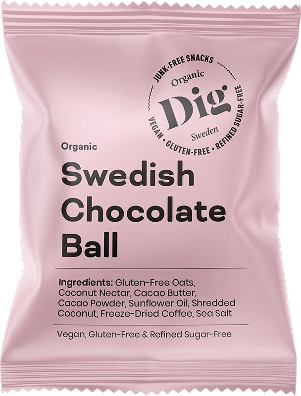 Pink matte-finished packet with rounded corners labeled “Swedish Chocolate Ball” and listing organic, vegan, gluten-free, refined sugar-free. Package shows ingredients: oats, coconut (whole and shredded), cacao powder, sunflower oil, coffee beans or grounds, and sea salt crystals. Sans-serif typography; no people or hands present. Plain background. A pink packet labeled Swedish Chocolate Ball highlights its organic, vegan, gluten-free, and refined sugar-free qualities. Visible ingredients include oats,