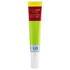 Djusie Cucumber Slice Awakening Eye Cream; vihreä ja keltainen lieriömäinen tuubi valkoisella korkilla ja sinisellä aksentilla, pystyssä valkoisella taustalla, korostaen raikasta kurkkupohjaista koostumusta; mattapintainen tuubi; etiketin teksti isoin kirjaimin; kuvassa ei ihmisiä tai muita esineitä.