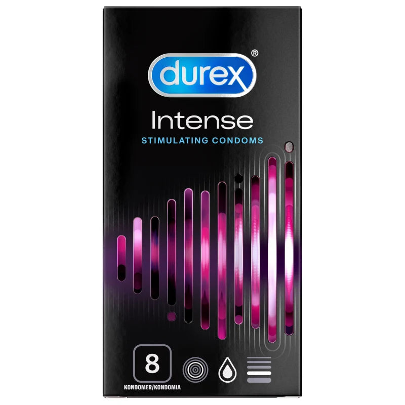 Durex Intense Kondomi; laatikko Durex Intense -stimuloivalle kondomille, musta tausta ja eloisia vaaleanpunaisia ja violetteja aaltografiikoita; suorakulmainen kiiltäväpintainen pakkaus; etusivulla suuri valkoinen groteskiteksti tuotenimelle, pienempi teksti lisätiedoille sekä kolme pientä kuvaketta määrälle (8), liukastukselle ja käyttöohjeille; ei ihmisiä tai käsiä.