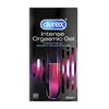 Box of Durex Intense Orgasmic Gel, 10ml, with dark glossy packaging, blue Durex logo centered at the top, and bright pink, purple, and white graphic accents on the front. Sans-serif typography is used for all visible label text. Some product information is legible describing a stimulating gel. No people or hands are visible. The background is plain and neutral.