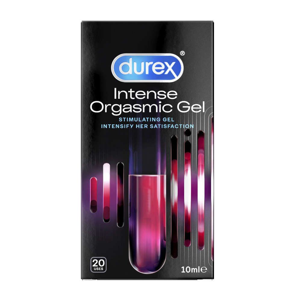 Box of Durex Intense Orgasmic Gel, 10ml, with dark glossy packaging, blue Durex logo centered at the top, and bright pink, purple, and white graphic accents on the front. Sans-serif typography is used for all visible label text. Some product information is legible describing a stimulating gel. No people or hands are visible. The background is plain and neutral.
