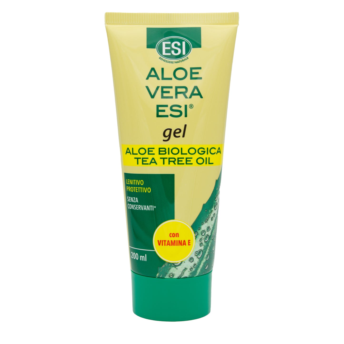 ESI Aloe Vera Geeli + Tea Tree, keltainen-vihreä tuubi aloe vera -geelille teepuuöljyllä ja E-vitamiinilla suojaavaan hoitoon; luomu- ja säilöntäaineeton koostumus 200 ml tuubissa; pakkaus kiiltäväpintainen muovinen puristustuubi läppäkorkilla, pystyssä valkoista taustaa vasten; tuotenimi lihavoidulla groteskifontilla, pienempi teksti alla listaa ainesosat ja tilavuuden; ei ihmisiä eikä käsiä näkyvissä.