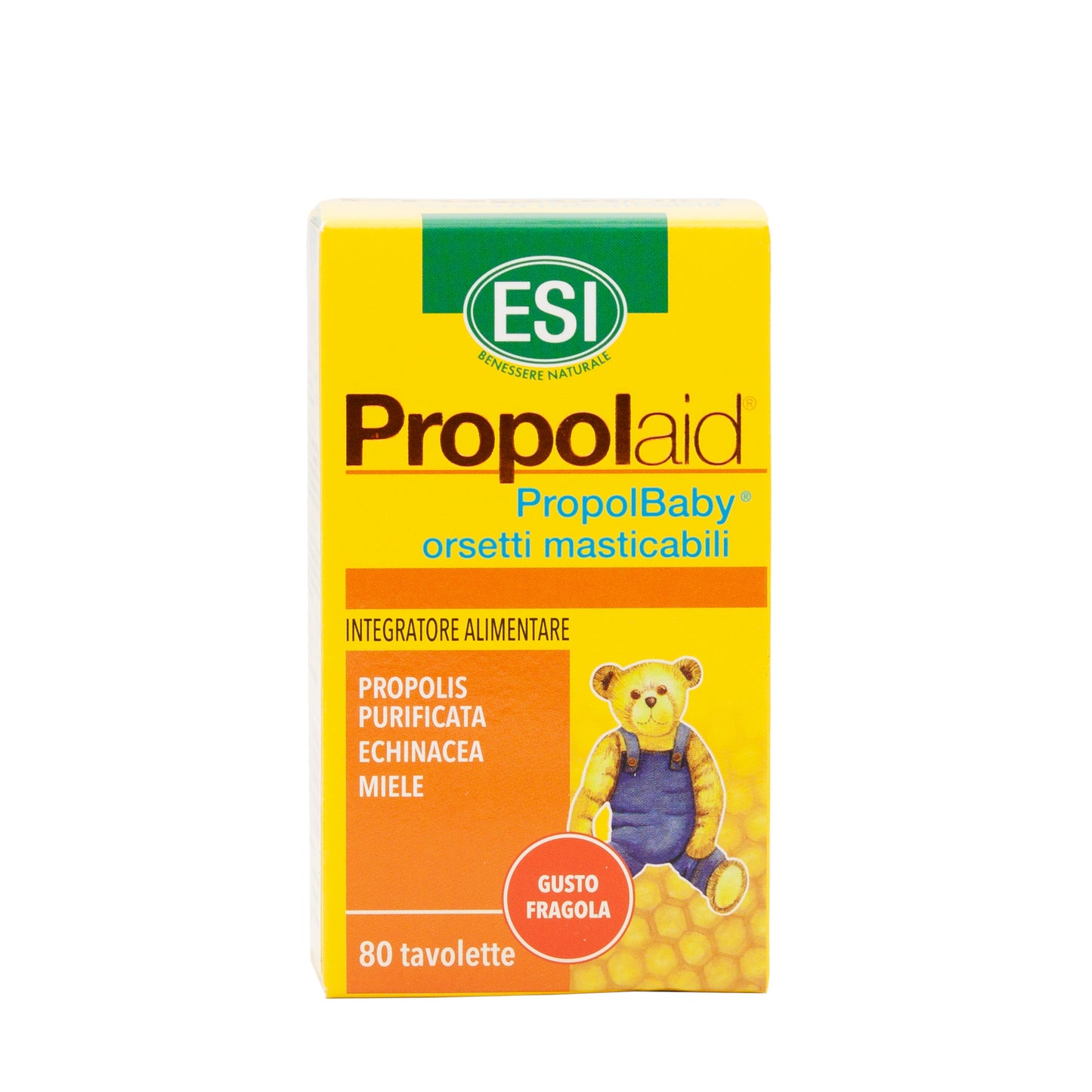 ESI Propolaid Nalle Fensatiini Purutabletit; laatikko karhunmuotoisia purutabletteja, mansikanmakuisia, puhdistettua propolista, mehiläispistiäistä ja hunajaa sisältäviä, 80 tablettia; pahvilaatikko on pääosin keltainen mattapinnalla; etuosassa kuvitus nallesta ja hunajakennosta; tuotenimi lihavoidulla groteskikirjasimella; etiketissä mainitaan luonnollinen echinacea lisätueksi; laatikko pystyasennossa valkoisella taustalla, ei ihmisiä tai käsiä näkyvissä.