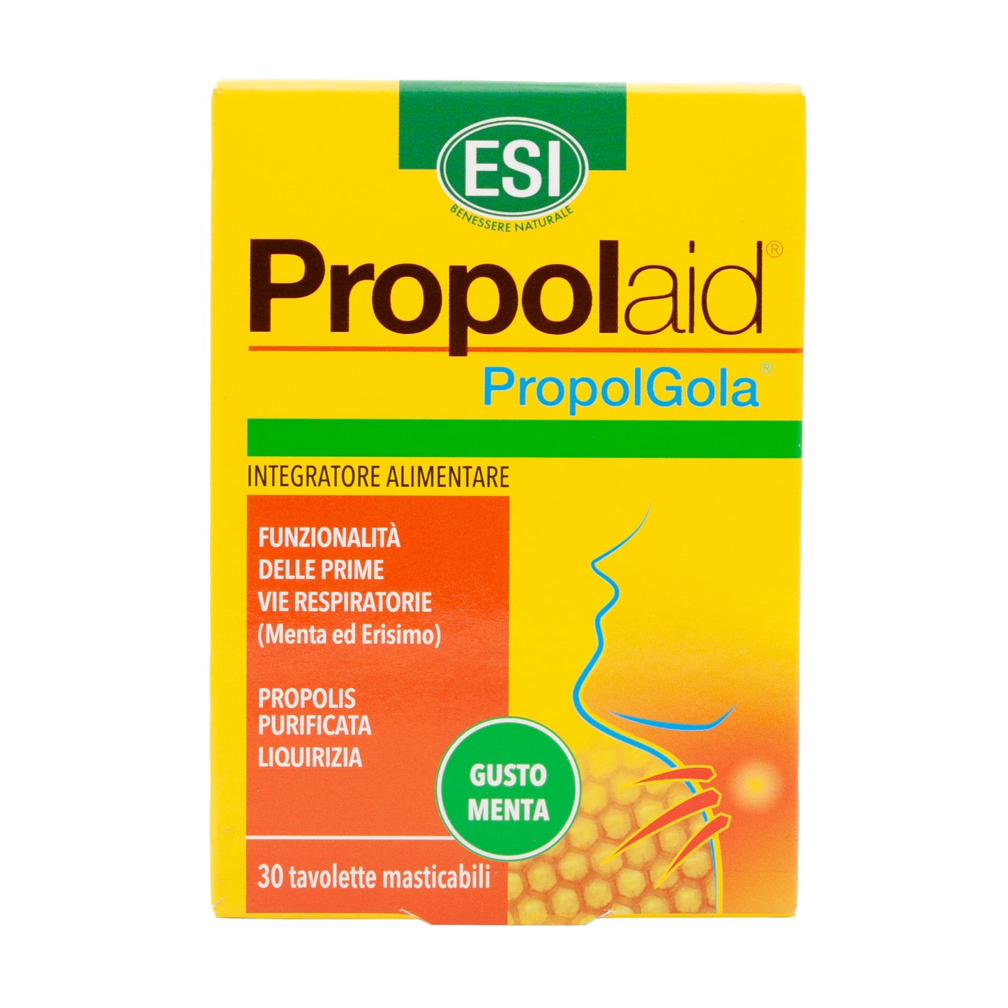 ESI Propolaid Purutabletit Minttu; keltainen laatikko vihreällä ja oranssilla tekstillä, kuvitus kasvosta ja kurkusta sekä hunajakennokuvioita ja vihreä sinetti "Gusto Menta"; suorakulmainen pahvipakkaus mattapinnalla, lohkomainen groteskikirjasin isoin kirjaimin brändinimessä, pienempi teksti ainesosista; ei ihmisiä tai käsiä näkyvissä; kuvattu edestä valkoisella taustalla; laatikko sisältää 30 propolisuutetta sisältävää purutablettia.