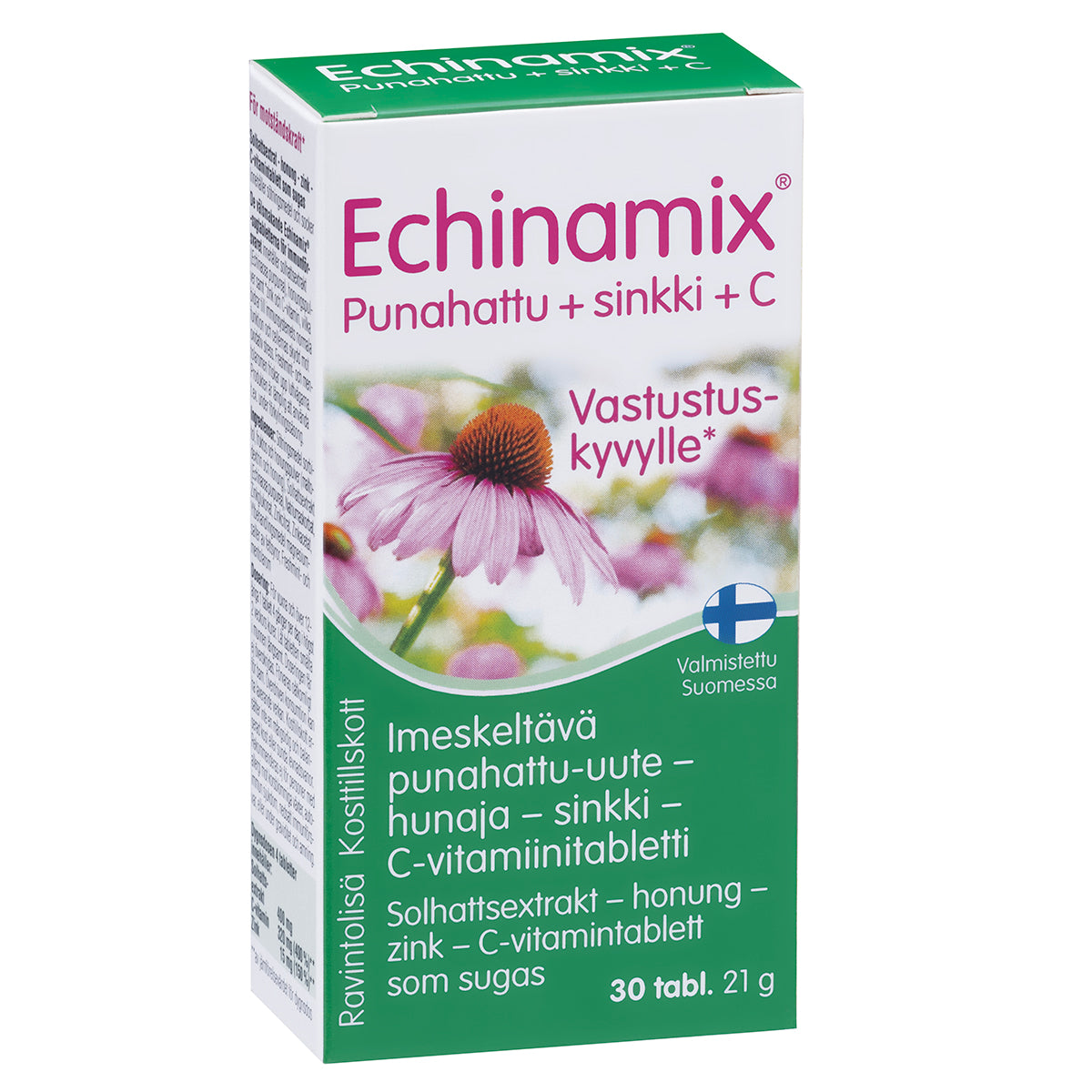 Echinamix Punahattu + Sinkki + C -imeskelytabletit, 30 tablettia; suorakaiteen muotoinen kiiltäväpintainen pahvipakkaus, valkoinen ja oranssi väritys, kuva punahatun kukasta; teksti kertoo punahatusta, sinkistä, hunajasta ja C-vitamiinista vastustuskyvyn tueksi; kuvattu vaalealla taustalla ilman ihmisiä.