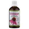 A brown glass bottle labeled Echinasan, featuring an image of a pink Echinacea flower, contains 100 ml of Echinacea extract. The rectangular label wraps around the cylindrical bottle and uses clean, sans-serif typography in two languages. Label text is black on white with some yellow accents. Background is plain white with no visible people or actions.