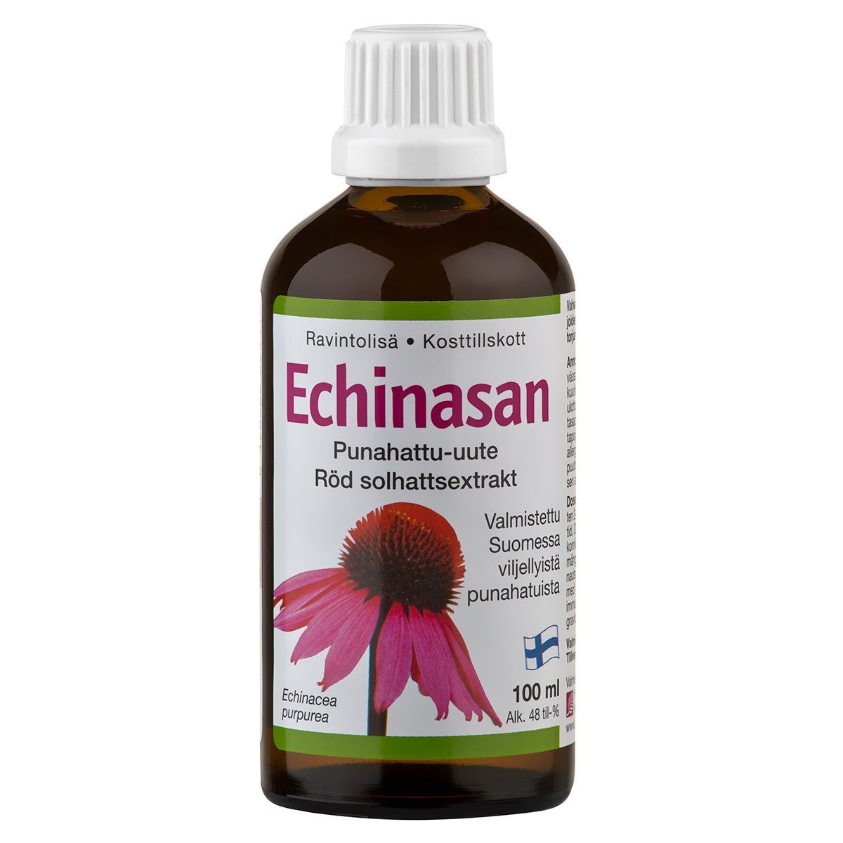 Echinasan; ruskea lasipullo, jossa kuva vaaleanpunaisesta kaunokukasta (echinacea); ympärikietoutuvassa suorakulmaisessa etiketissä siistiä kaksikielistä groteskitekstiä mustana valkoisella pohjalla keltaisin korostuksin; sisältää 100 ml kaunokäuvutetta; valkoinen tausta.