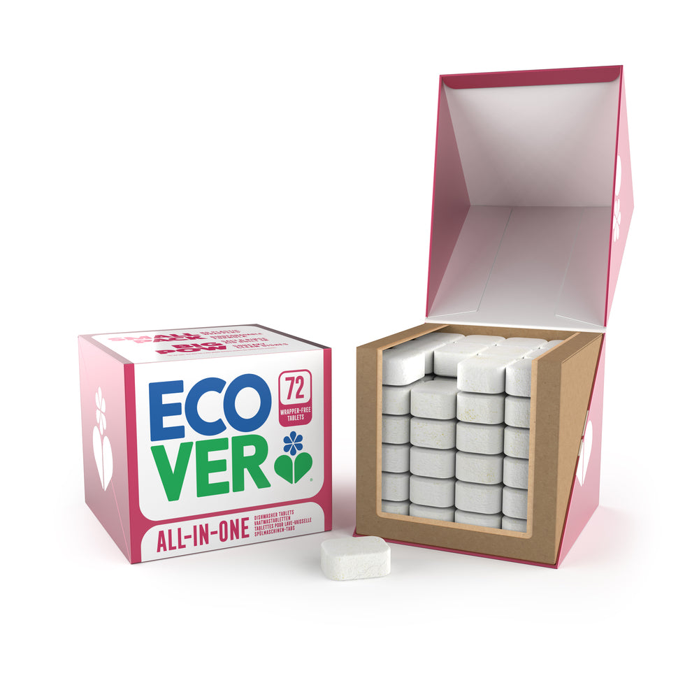 Ecover All-In-One konetiskitabletit Citrus 72 kpl pakkaus, vieressä avattuna ja edessä yksittäinen konetiskitabletti